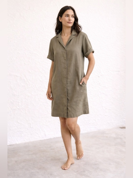 Everlane Dresses & Skirts - Everlane Button-Front Short Sleeve Linen Shirt Dress in Olive-Taupe Medium